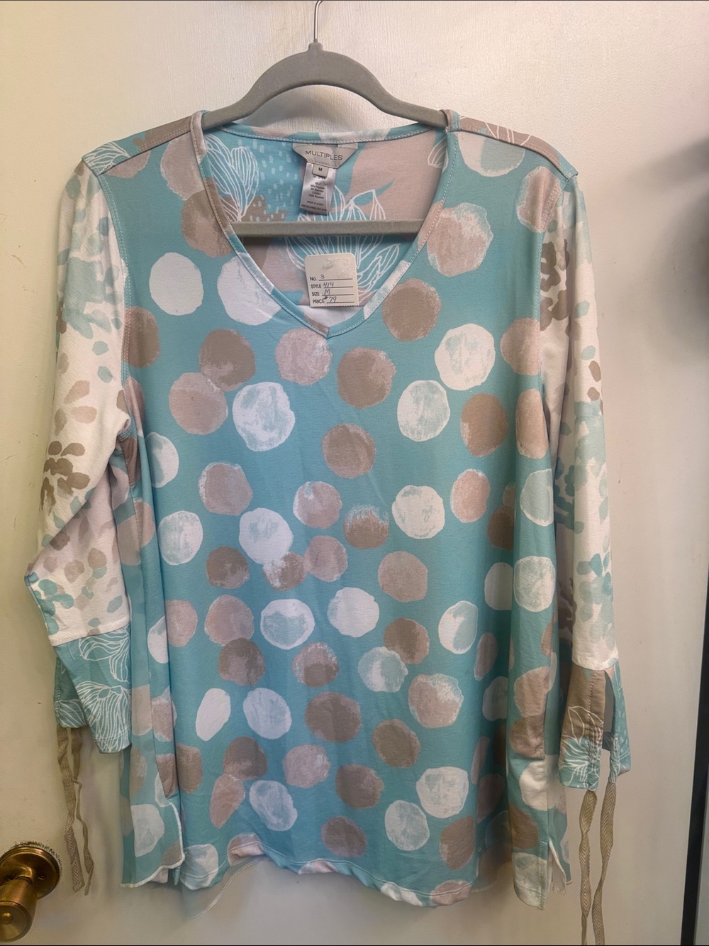 Multiples Aqua Polka Dot V-Neck Long Sleeve Blouse